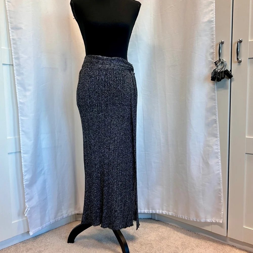 Zara black silver thread knit skirt side twist knot high slit Sz S NWOT